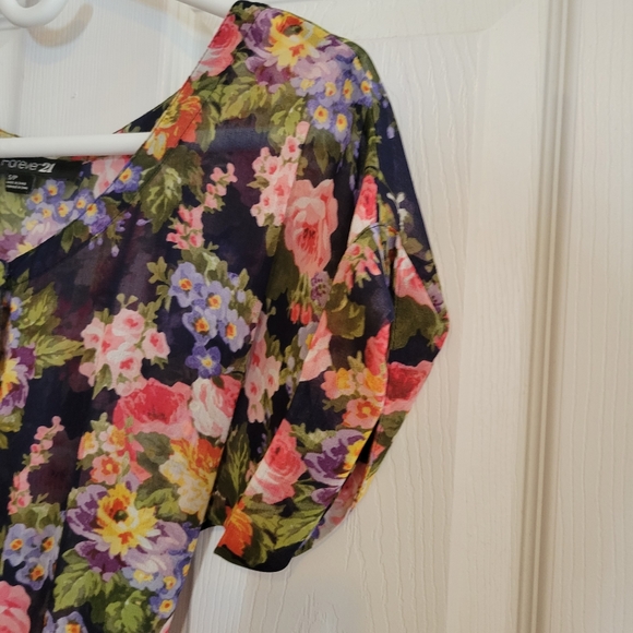 Sheer navy blue floral print button down tea dress S - Picture 2 of 6